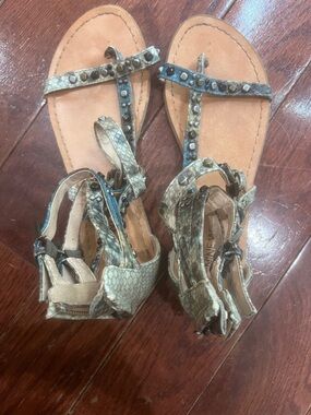 Nine West Snake-Print T-Strap Sandals with Stud Accents - Beige/Tan